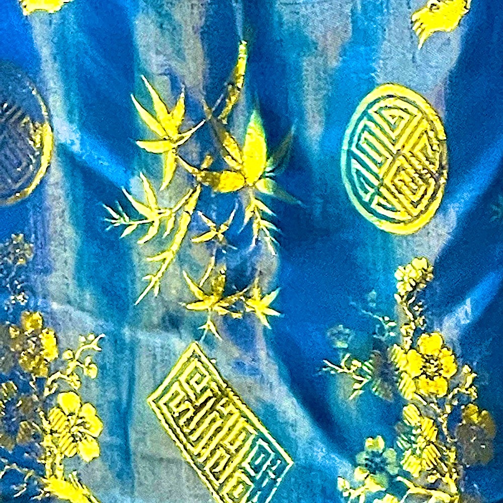 BIG silky satin Soft shawl/scarf oriental Brocade Gold/blue Vtg Luxe Cover-up